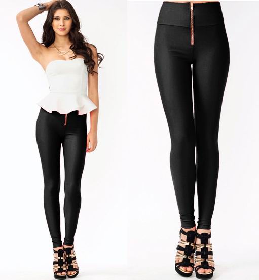 Front Zipper Shiny Finish Color High Waist Skinny Sexy Trends Leggings Pants